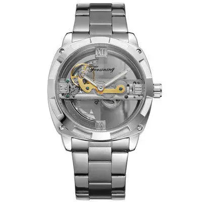 Forsining men’s silver-toned skeleton transparent automatic mechanical watch with polished stainless steel bracelet