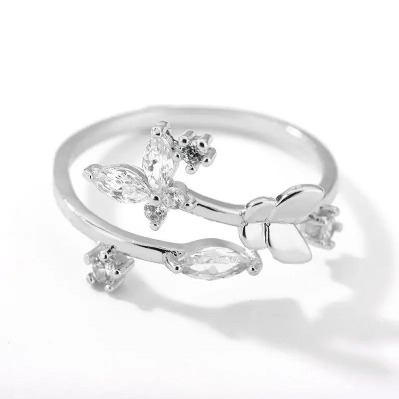 Fresh Flower Adjustable Zircon Ring for Women - Platinum / Adjustable Opening