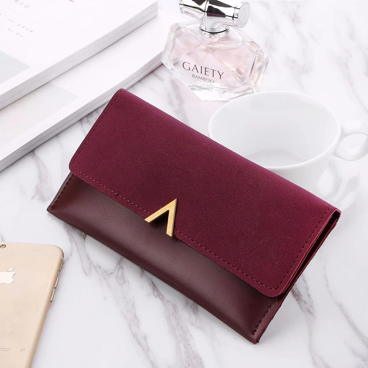 Frosted Color Matching Long Wallet for Ladies - Purplish Red - Wallets