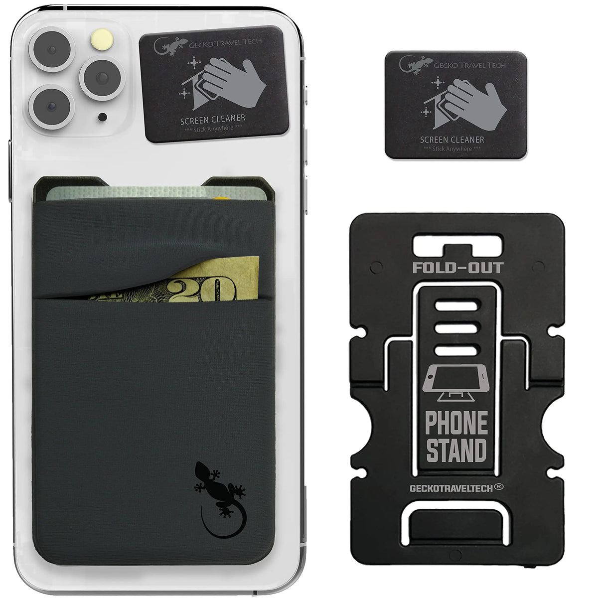 Black gecko travel tech fold-out gray-black phone wallet and card holder with gecko logo for cell phone use
