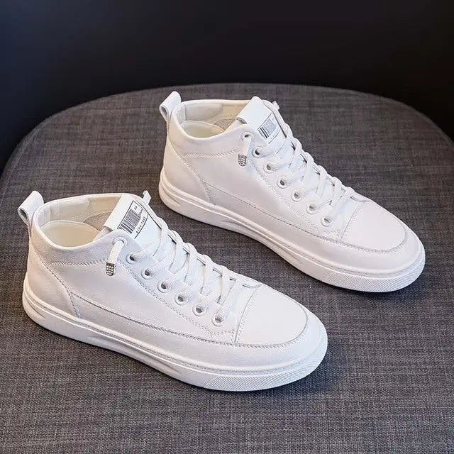 Genuine Leather High-Top Women’s Casual Sports Shoes - White / 39