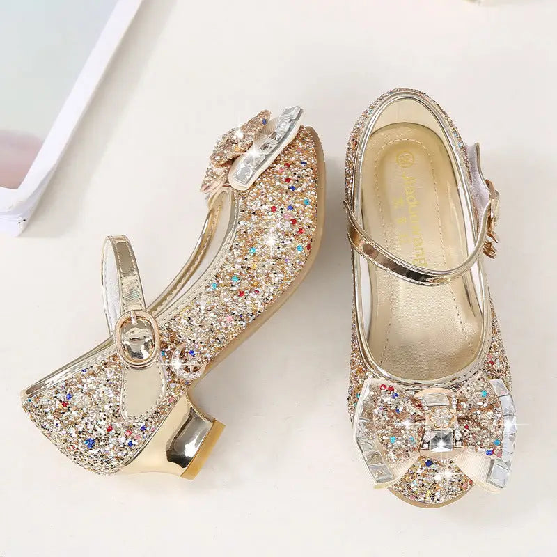 Girls’ Casual Glitter High Heel Leather Shoes with Bow