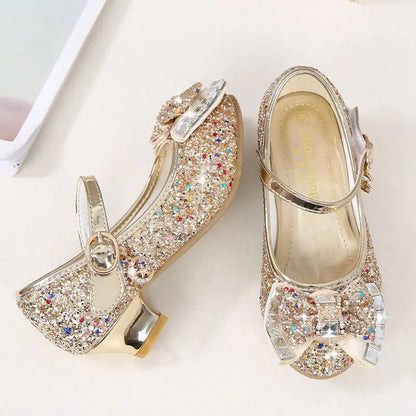 Girls’ Casual Glitter High Heel Leather Shoes with Bow