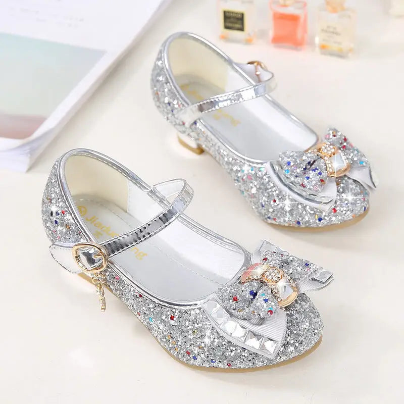Girls’ Casual Glitter High Heel Leather Shoes with Bow