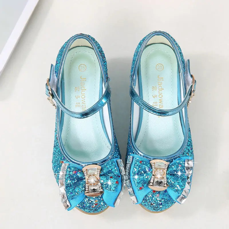 Girls’ Casual Glitter High Heel Leather Shoes with Bow