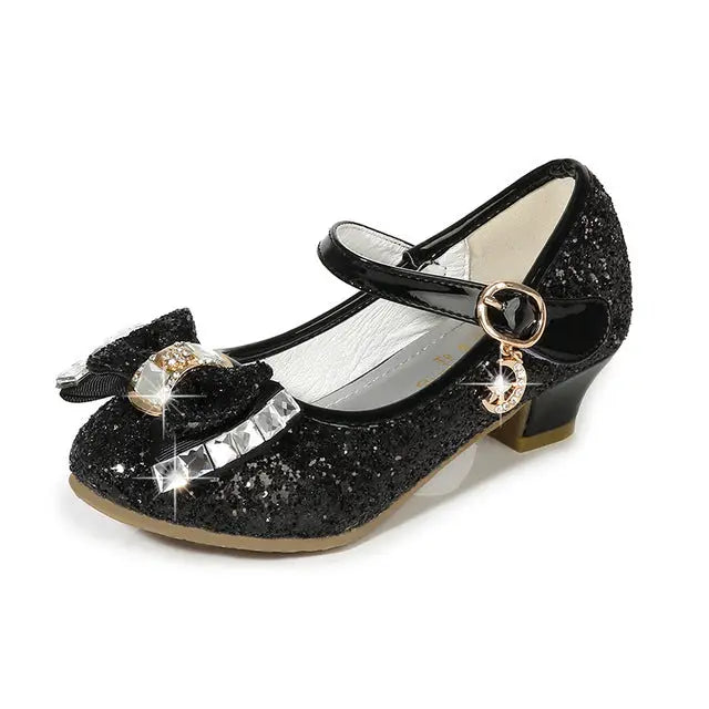 Girls’ Casual Glitter High Heel Leather Shoes with Bow - black / 29