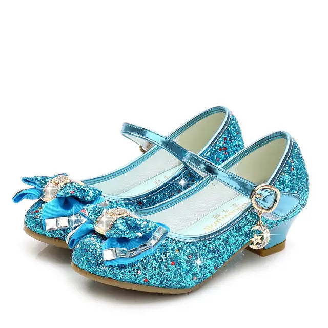 Girls’ Casual Glitter High Heel Leather Shoes with Bow - blue / 31