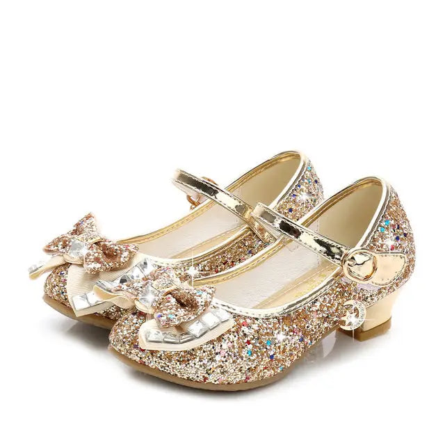 Girls’ Casual Glitter High Heel Leather Shoes with Bow - golden / 31