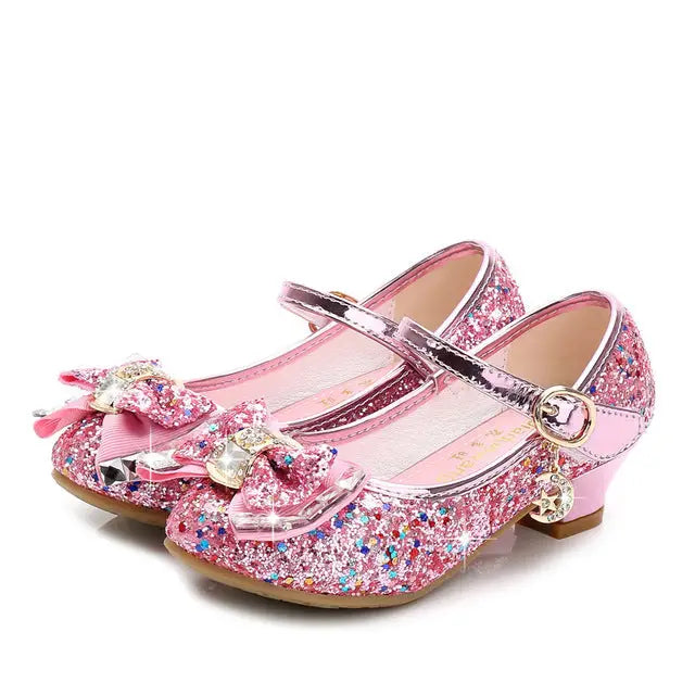 Girls’ Casual Glitter High Heel Leather Shoes with Bow - pink / 38