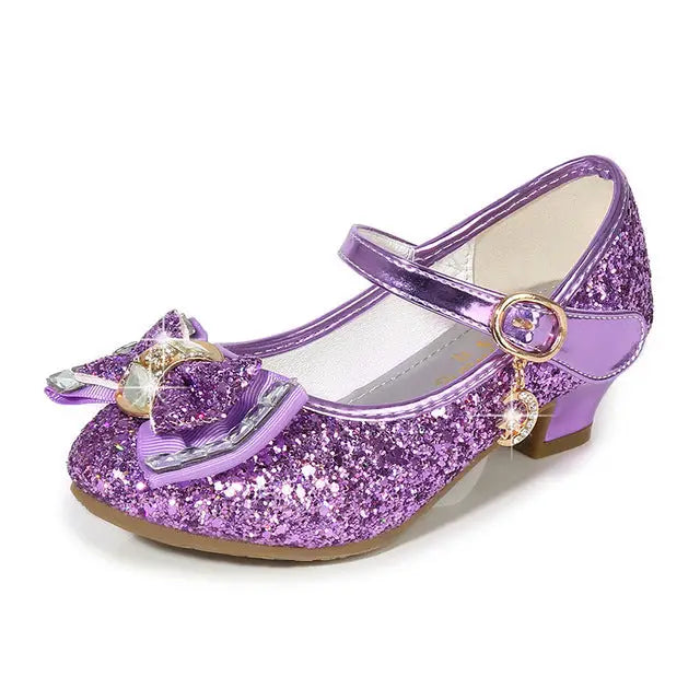 Girls’ Casual Glitter High Heel Leather Shoes with Bow - purple / 28