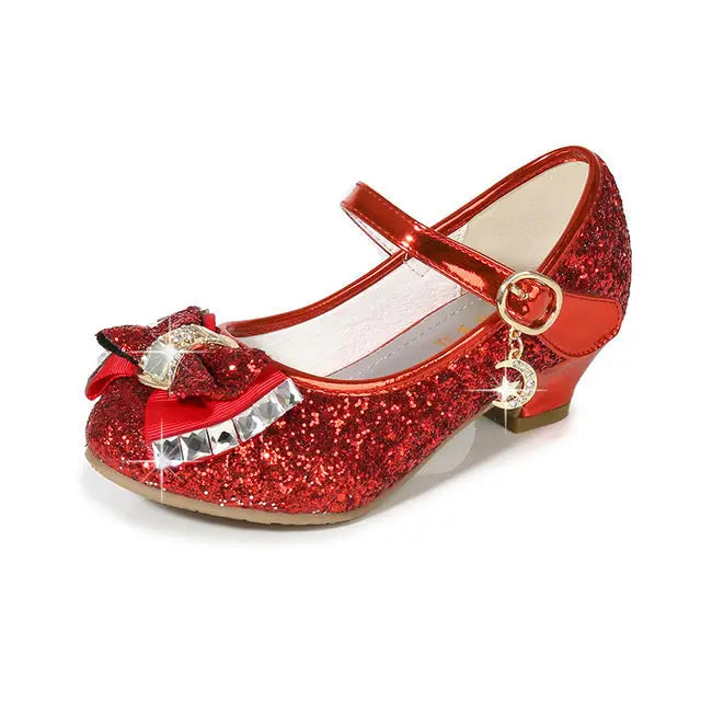 Girls’ Casual Glitter High Heel Leather Shoes with Bow - red / 35