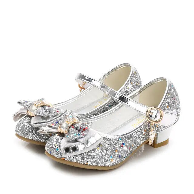 Girls’ Casual Glitter High Heel Leather Shoes with Bow - silver / 28