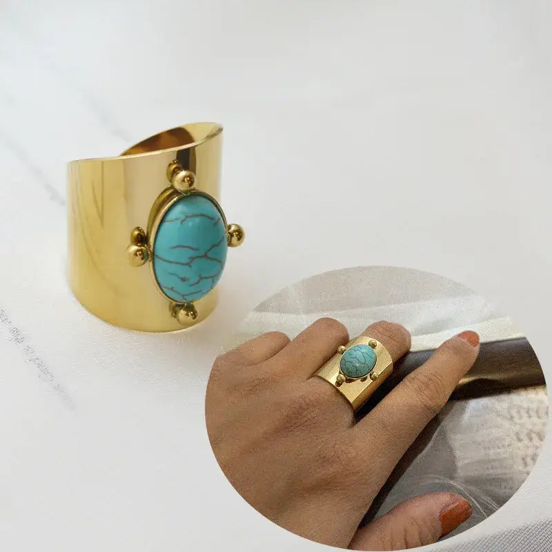 Vintage Gold Plated Boho Natural Stone Ring on Hand