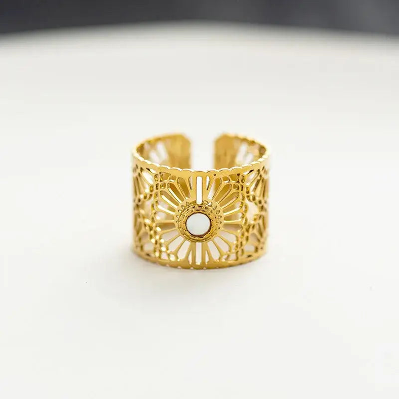 White Marble Gold Plated Boho Natural Stone Ring