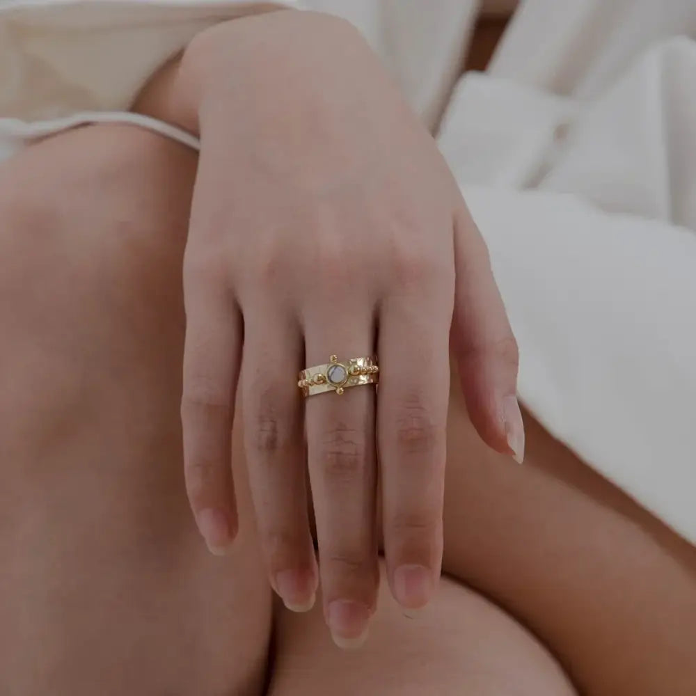Gold Plated Boho Natural Stone Ring on Woman's Hand