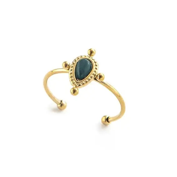 Gold Plated Boho Natural Stone Ring with Green Gem