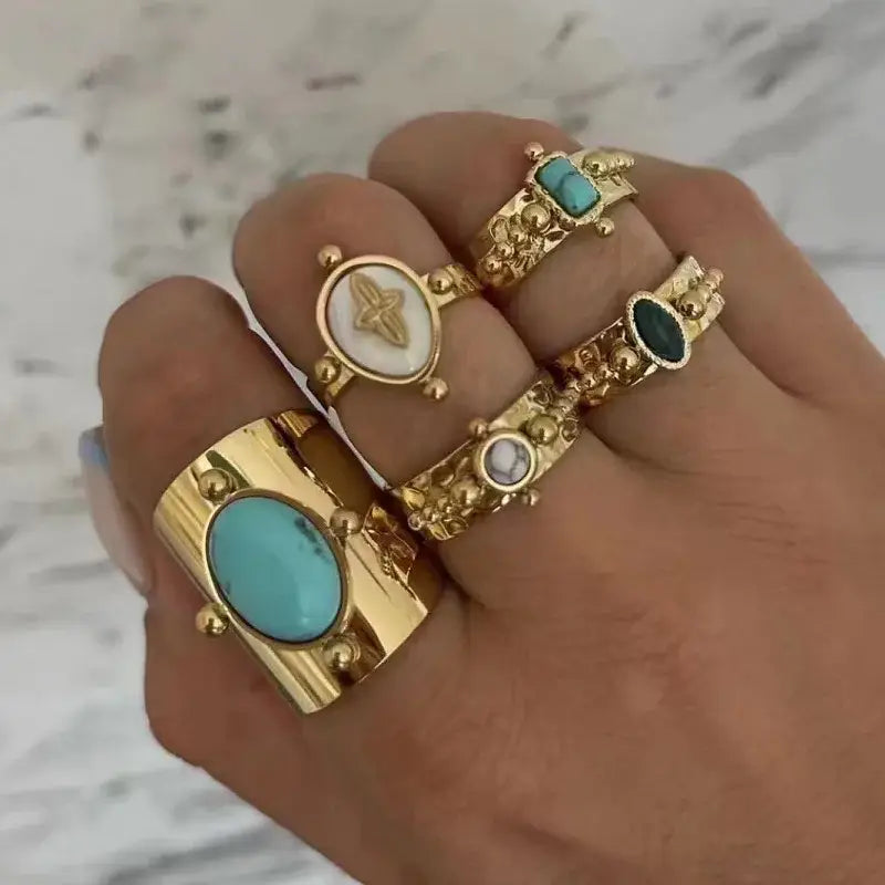 Vintage Gold Plated Boho Natural Stone Ring
