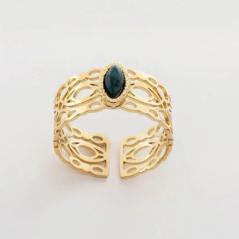 Gold Plated Boho Natural Stone Ring with Black Stone
