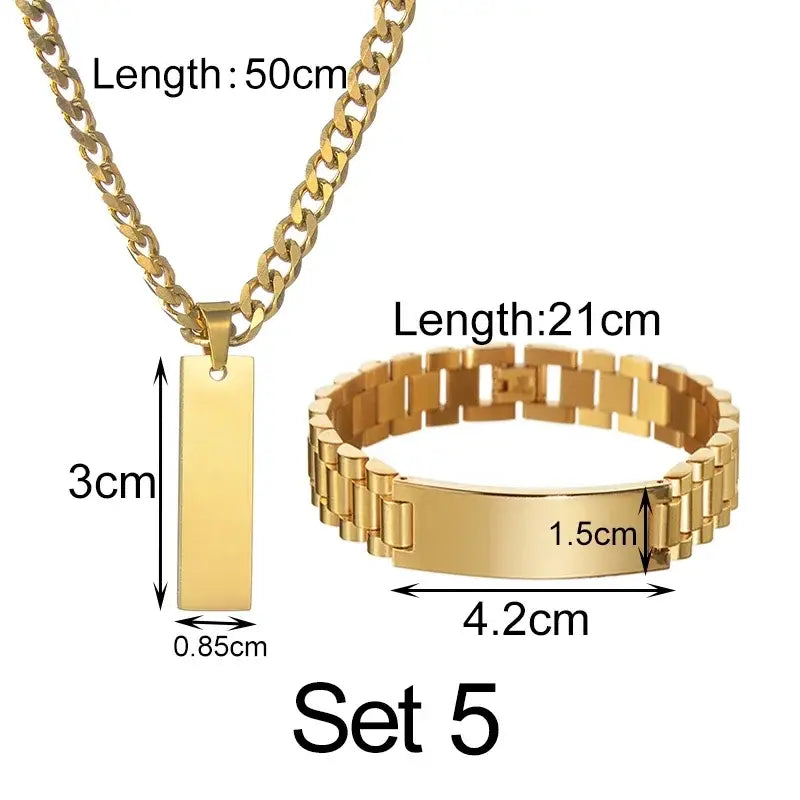 Goxijite Custom Engraved Name Necklace Cuban Chain Set Stainless Steel Engraved Text Symbol Bracelet Men Women Jewelry