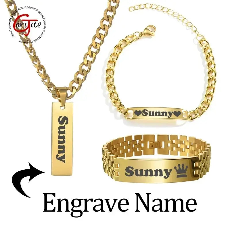 Goxijite Custom Engraved Name Necklace Cuban Chain Set Stainless Steel Engraved Text Symbol Bracelet Men Women Jewelry