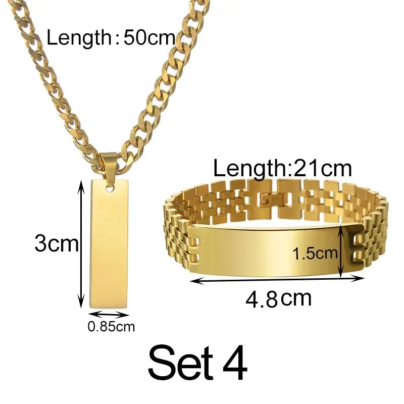 Goxijite Custom Engraved Name Necklace Cuban Chain Set Stainless Steel Engraved Text Symbol Bracelet Men Women Jewelry