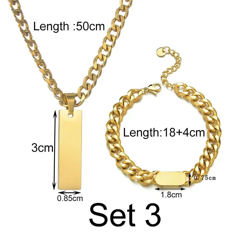 Goxijite Custom Engraved Name Necklace Cuban Chain Set Stainless Steel Engraved Text Symbol Bracelet Men Women Jewelry