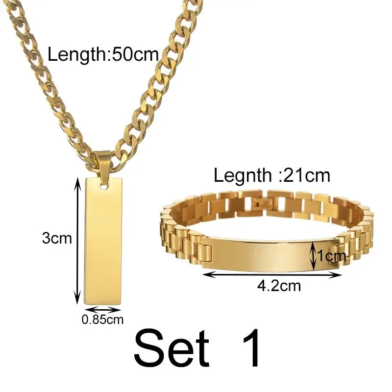 Goxijite Custom Engraved Name Necklace Cuban Chain Set Stainless Steel Engraved Text Symbol Bracelet Men Women Jewelry