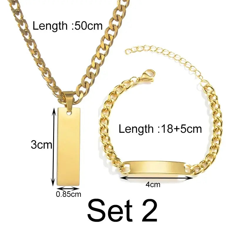 Goxijite Custom Engraved Name Necklace Cuban Chain Set Stainless Steel Engraved Text Symbol Bracelet Men Women Jewelry