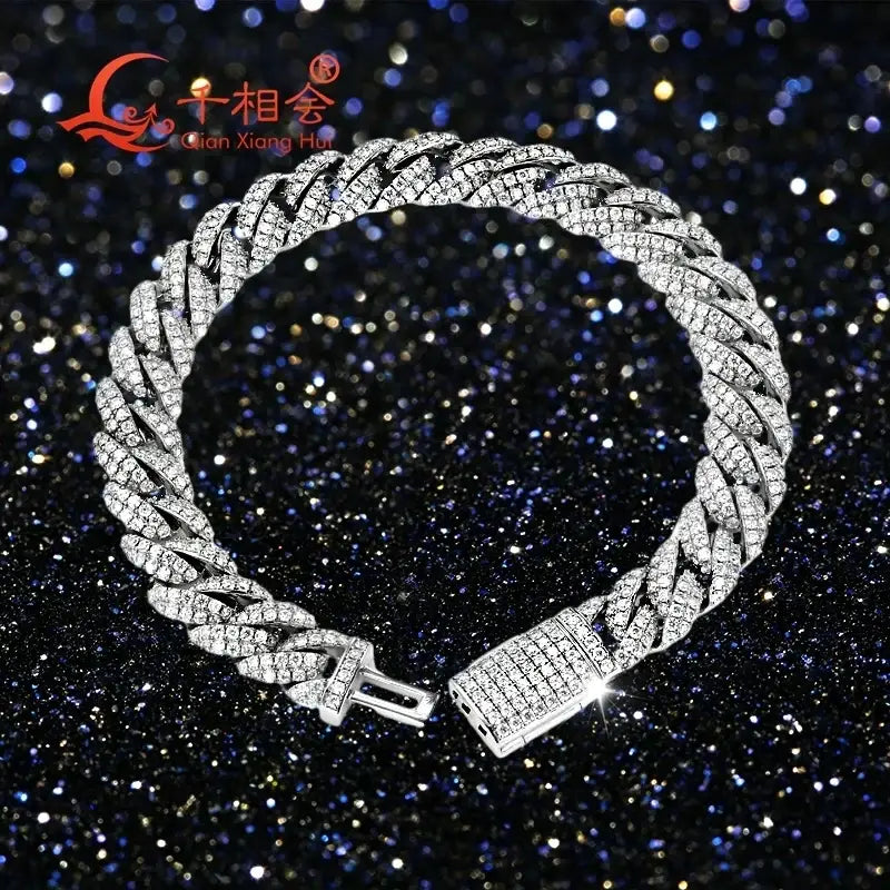 Half Moon Shaped Bracelet 10mm S925 Sterling Silver Cuban Chain with Moissanite & Diamond Hip Hop Style Miami Cuban