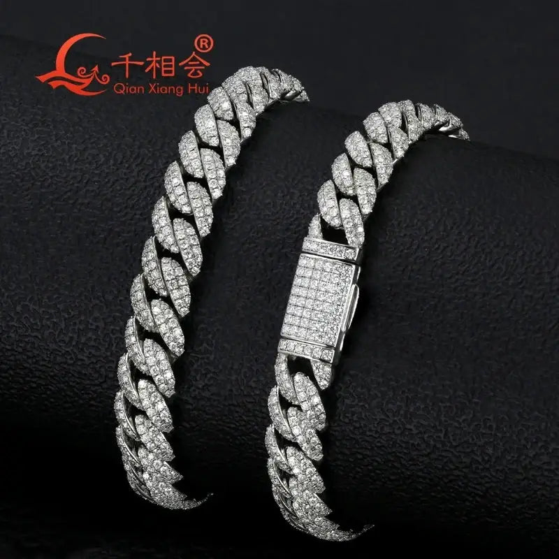 Half Moon Shaped Bracelet 10mm S925 Sterling Silver Cuban Chain with Moissanite & Diamond Hip Hop Style Miami Cuban