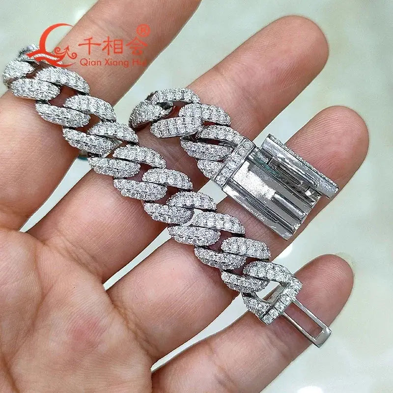 Half Moon Shaped Bracelet 10mm S925 Sterling Silver Cuban Chain with Moissanite & Diamond Hip Hop Style Miami Cuban