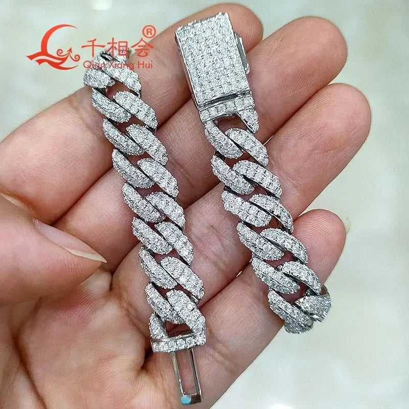 Half Moon Shaped Bracelet 10mm S925 Sterling Silver Cuban Chain with Moissanite & Diamond Hip Hop Style Miami Cuban