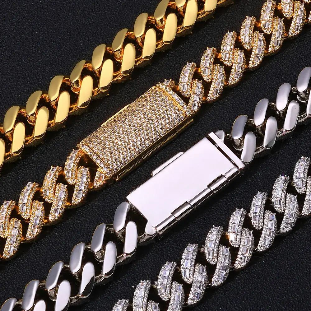 Hip hop Cuban Necklace Men’s Luxury Diamond Jewelry 18mm Brass Rectangular Cubic Zirconia Miami Chain