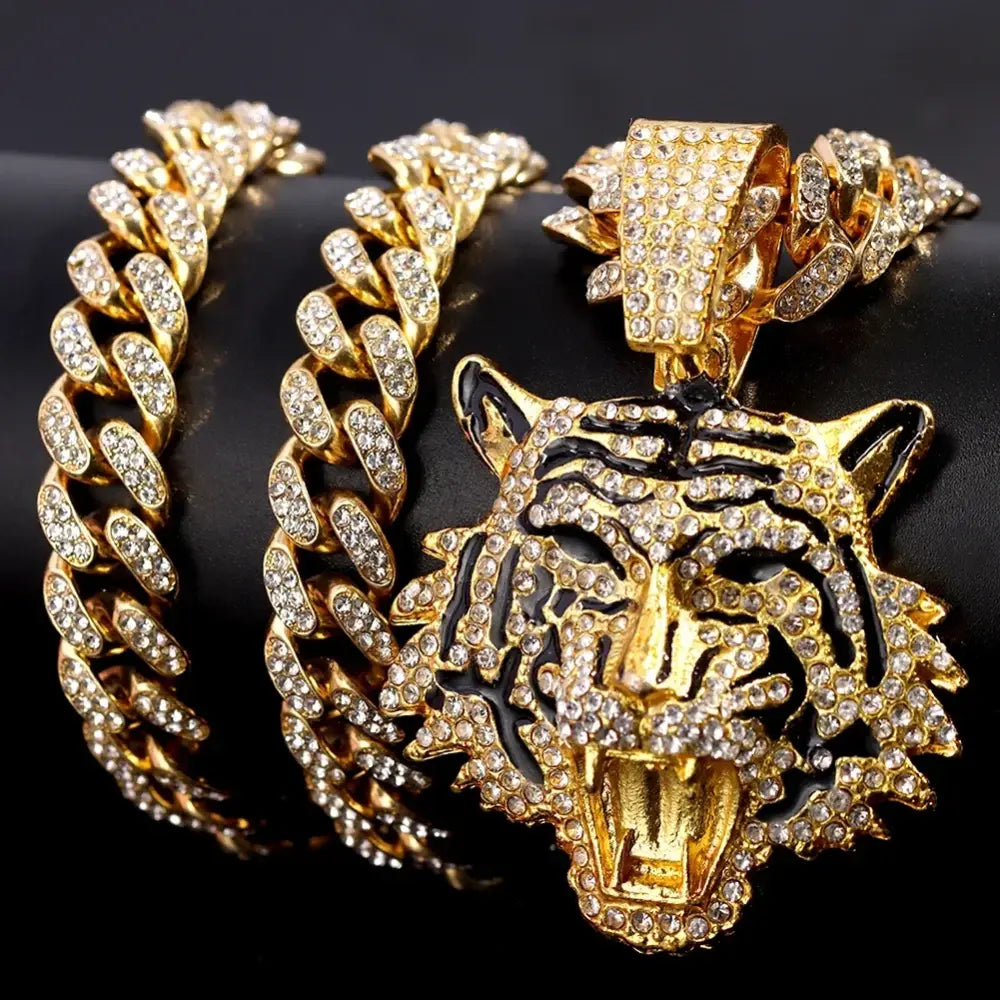 HipHop Tiger Pendant Necklace for Men Women Iced Out Cuban Link Chains Luxury Crystal Cuban CZ Stainless steel