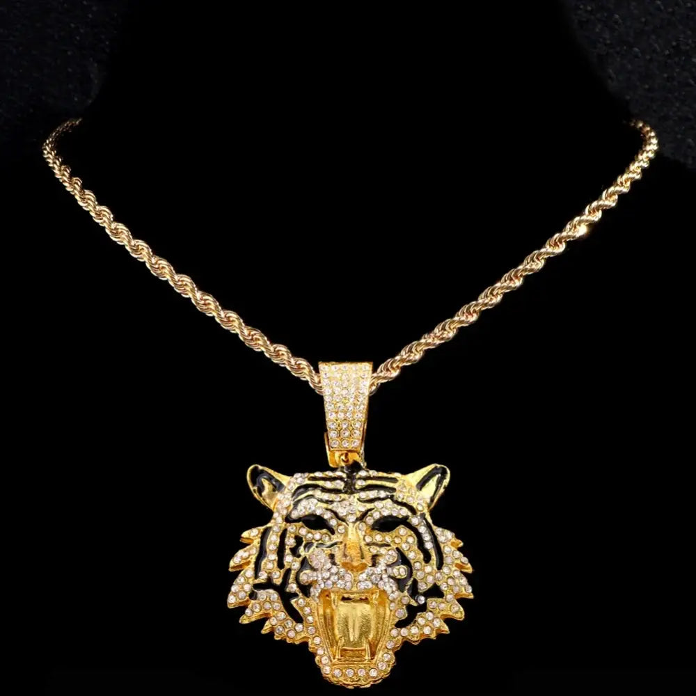 HipHop Tiger Pendant Necklace for Men Women Iced Out Cuban Link Chains Luxury Crystal Cuban CZ Stainless steel