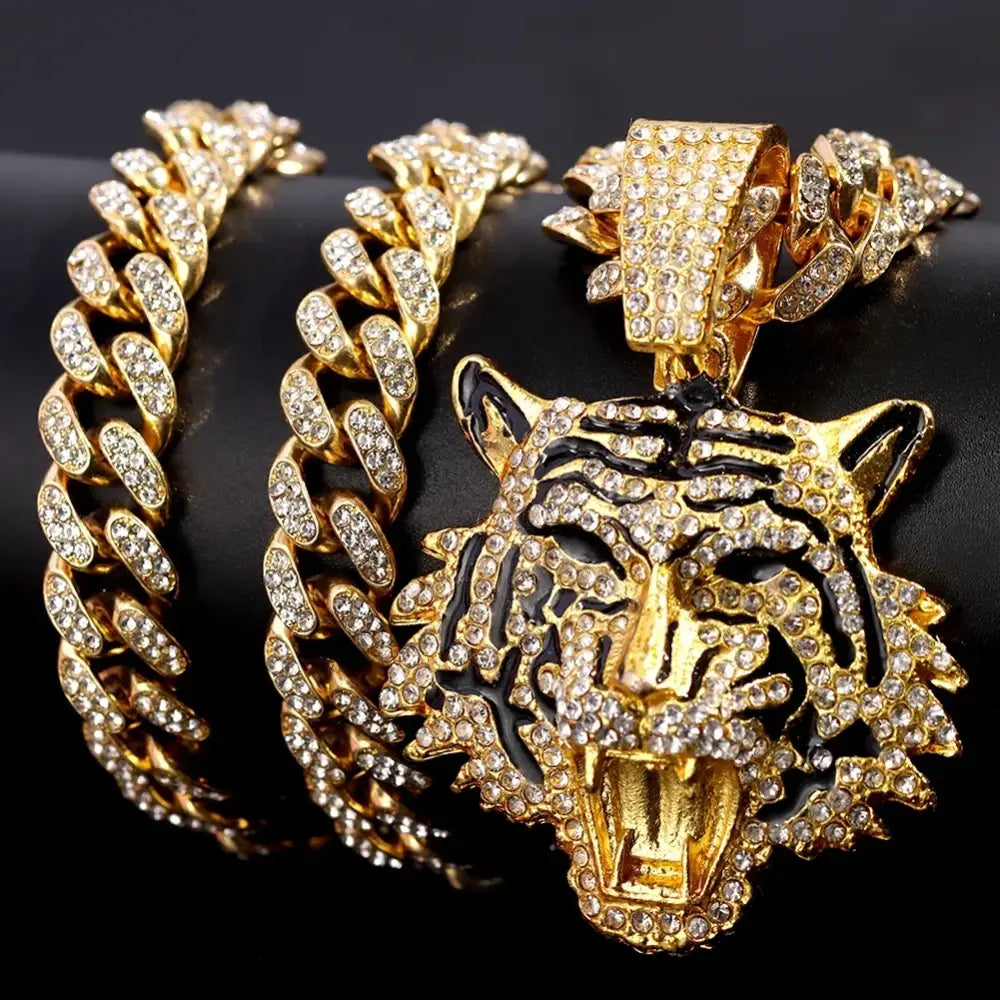 HipHop Tiger Pendant Necklace for Men Women Iced Out Cuban Link Chains Luxury Crystal Cuban CZ Stainless steel