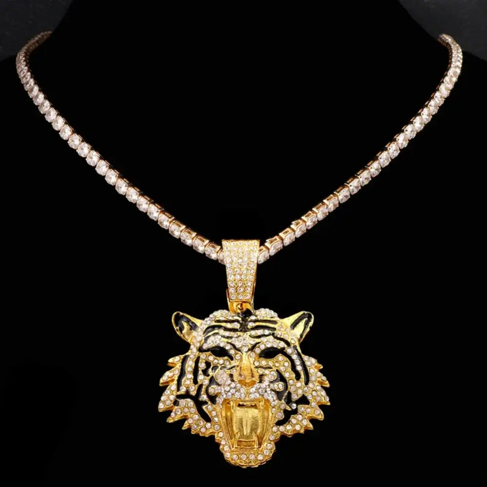 HipHop Tiger Pendant Necklace for Men Women Iced Out Cuban Link Chains Luxury Crystal Cuban CZ Stainless steel