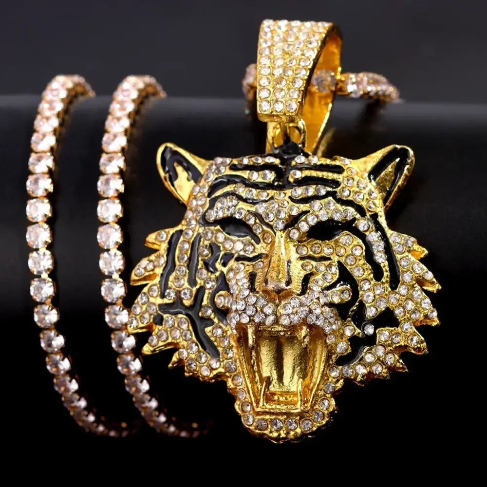 HipHop Tiger Pendant Necklace for Men Women Iced Out Cuban Link Chains Luxury Crystal Cuban CZ Stainless steel