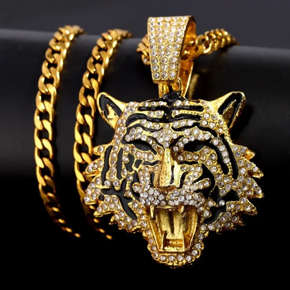 HipHop Tiger Pendant Necklace for Men Women Iced Out Cuban Link Chains Luxury Crystal Cuban CZ Stainless steel