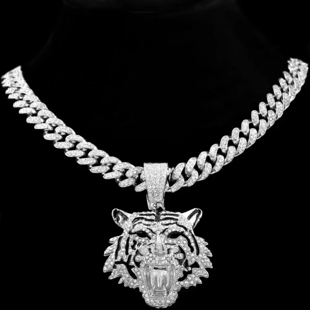 HipHop Tiger Pendant Necklace for Men Women Iced Out Cuban Link Chains Luxury Crystal Cuban CZ Stainless steel
