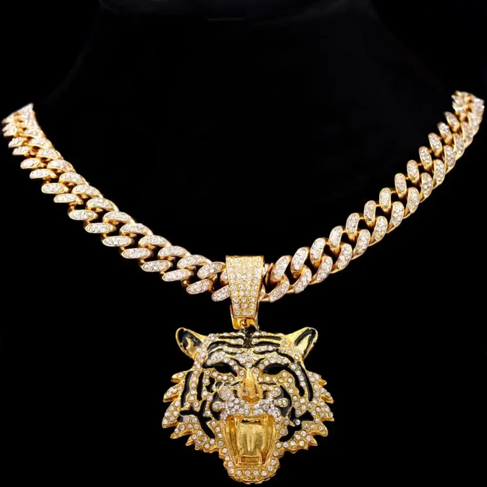 HipHop Tiger Pendant Necklace for Men Women Iced Out Cuban Link Chains Luxury Crystal Cuban CZ Stainless steel