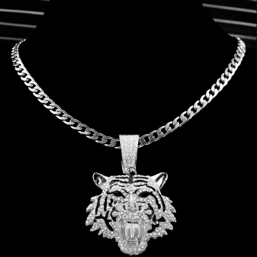 HipHop Tiger Pendant Necklace for Men Women Iced Out Cuban Link Chains Luxury Crystal Cuban CZ Stainless steel