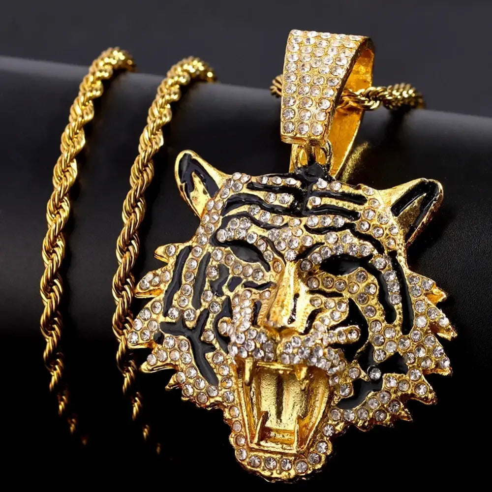 HipHop Tiger Pendant Necklace for Men Women Iced Out Cuban Link Chains Luxury Crystal Cuban CZ Stainless steel