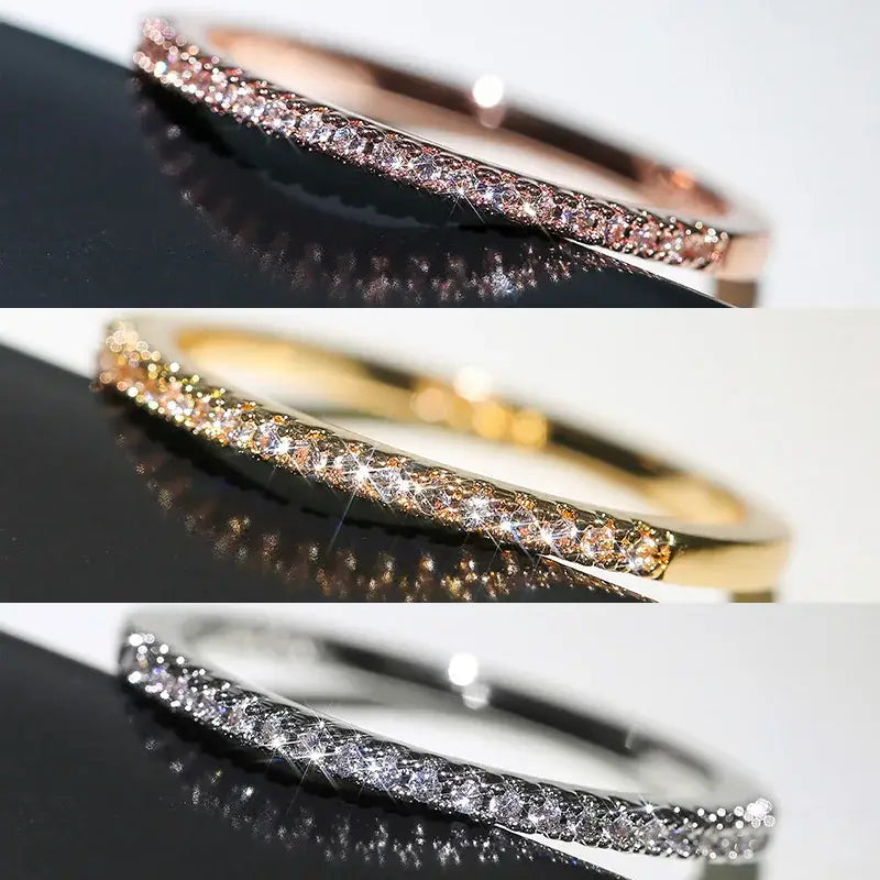 Huitan 3 Colors Simple Band Women Rings Shiny Cubic Zirconia Delicate Anniversary Gift Accessories Hot Sale Fashion