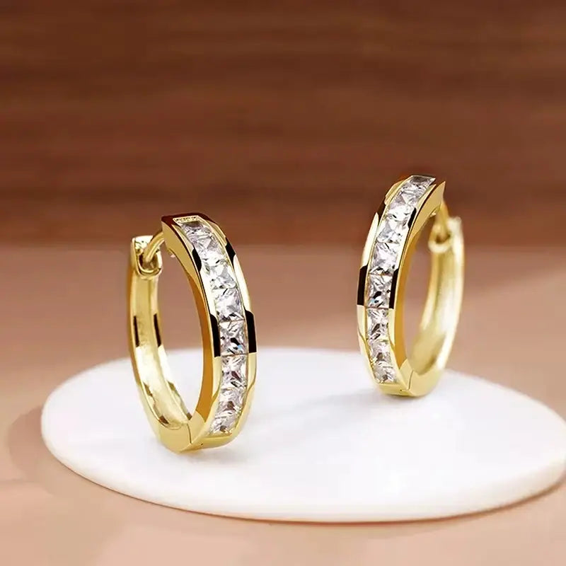 Huitan Classic Design Women Hoop Earrings Full with Princess Square CZ Simple and Elegant Female Accessories Versatile
