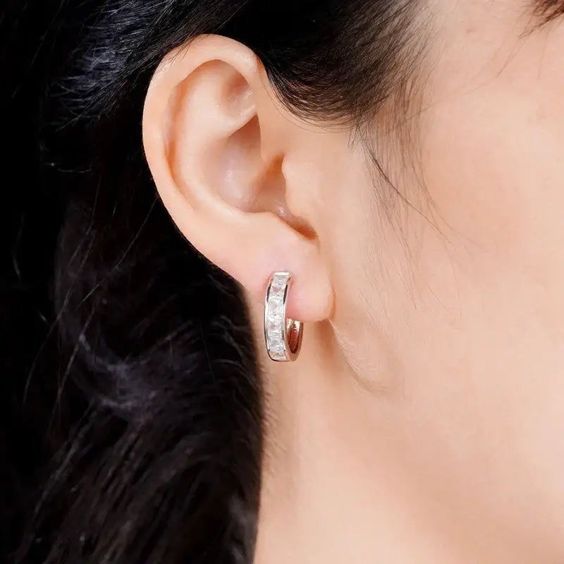 Huitan Hoop Earrings with Princess Cubic Zirconia Exquisite Ear Circle Earrings for Women Silver Color Fashion