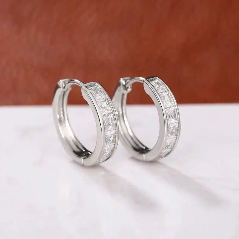 Huitan Hoop Earrings with Princess Cubic Zirconia Exquisite Ear Circle Earrings for Women Silver Color Fashion