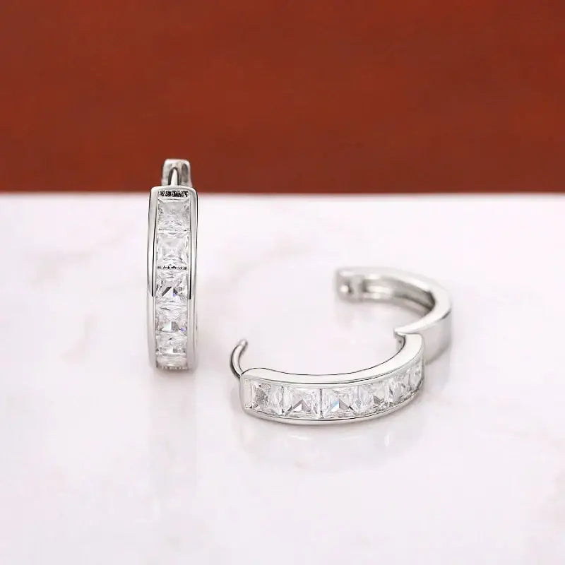 Huitan Hoop Earrings with Princess Cubic Zirconia Exquisite Ear Circle Earrings for Women Silver Color Fashion