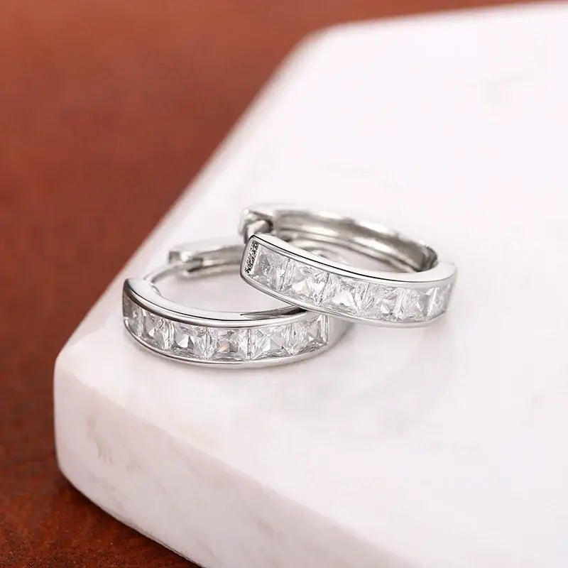 Huitan Hoop Earrings with Princess Cubic Zirconia Exquisite Ear Circle Earrings for Women Silver Color Fashion