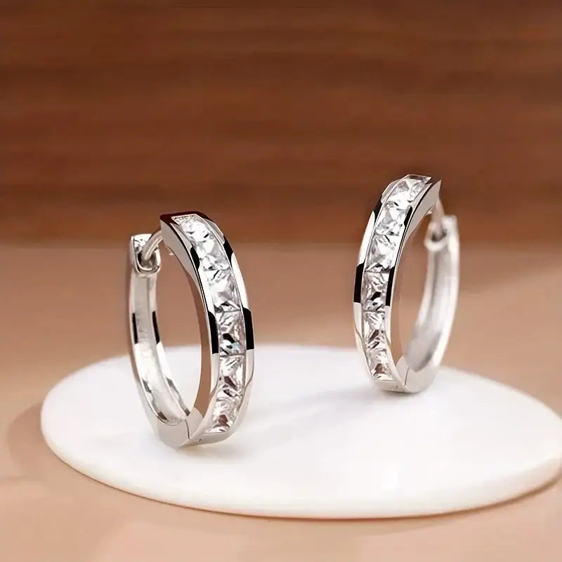 Huitan Hoop Earrings with Princess Cubic Zirconia Exquisite Ear Circle Earrings for Women Silver Color Fashion